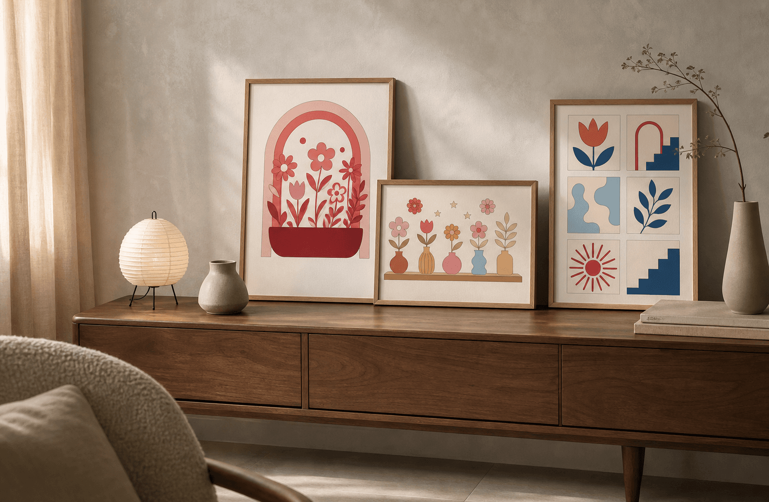 Arrimo de madera estilo japandi con tres marcos coloreados con las paletas Rose Grime, Atacama y Marsella