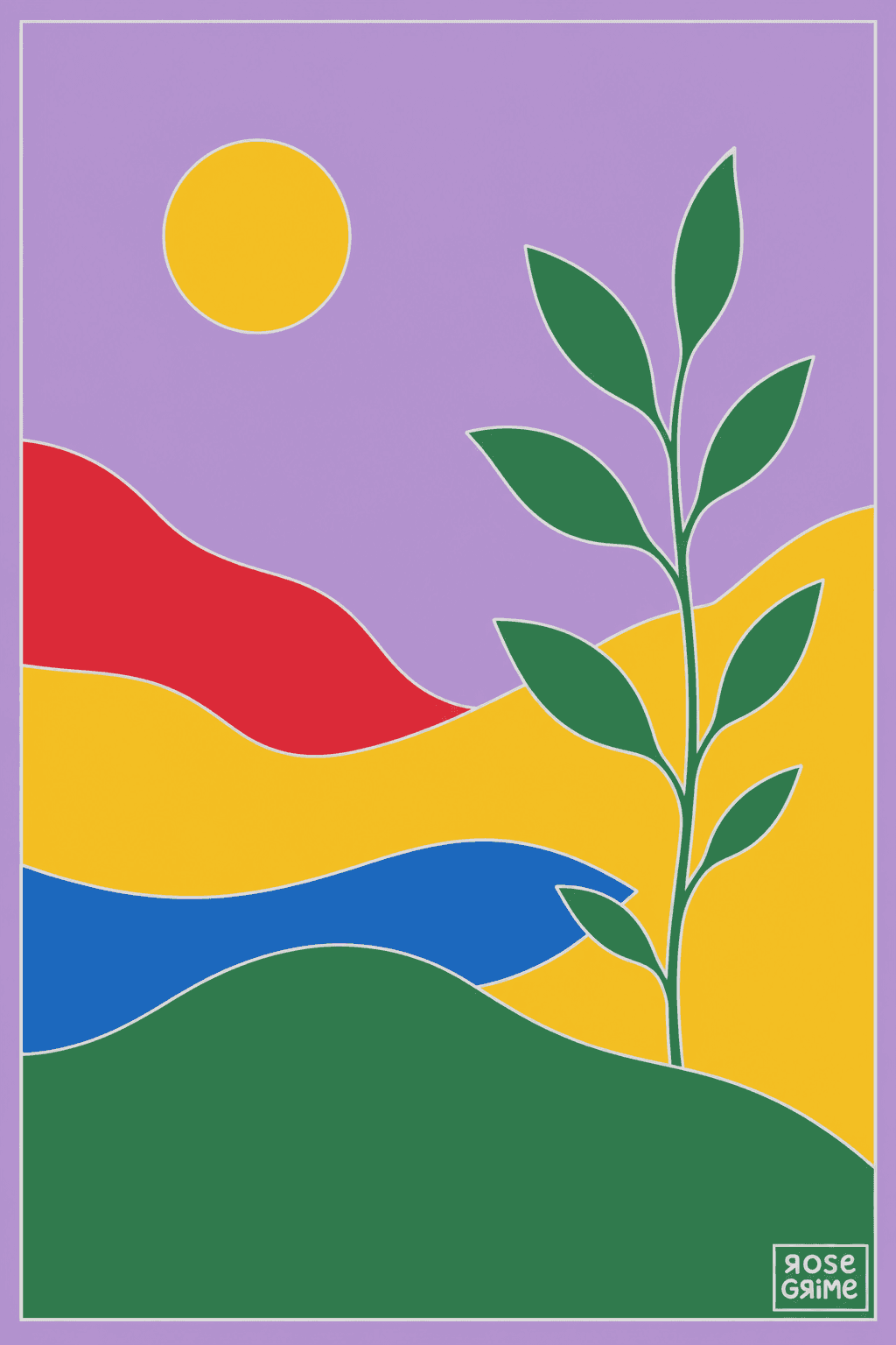 Diseño botánico con fondo morado coloreado con la paleta Campo de tulipanes