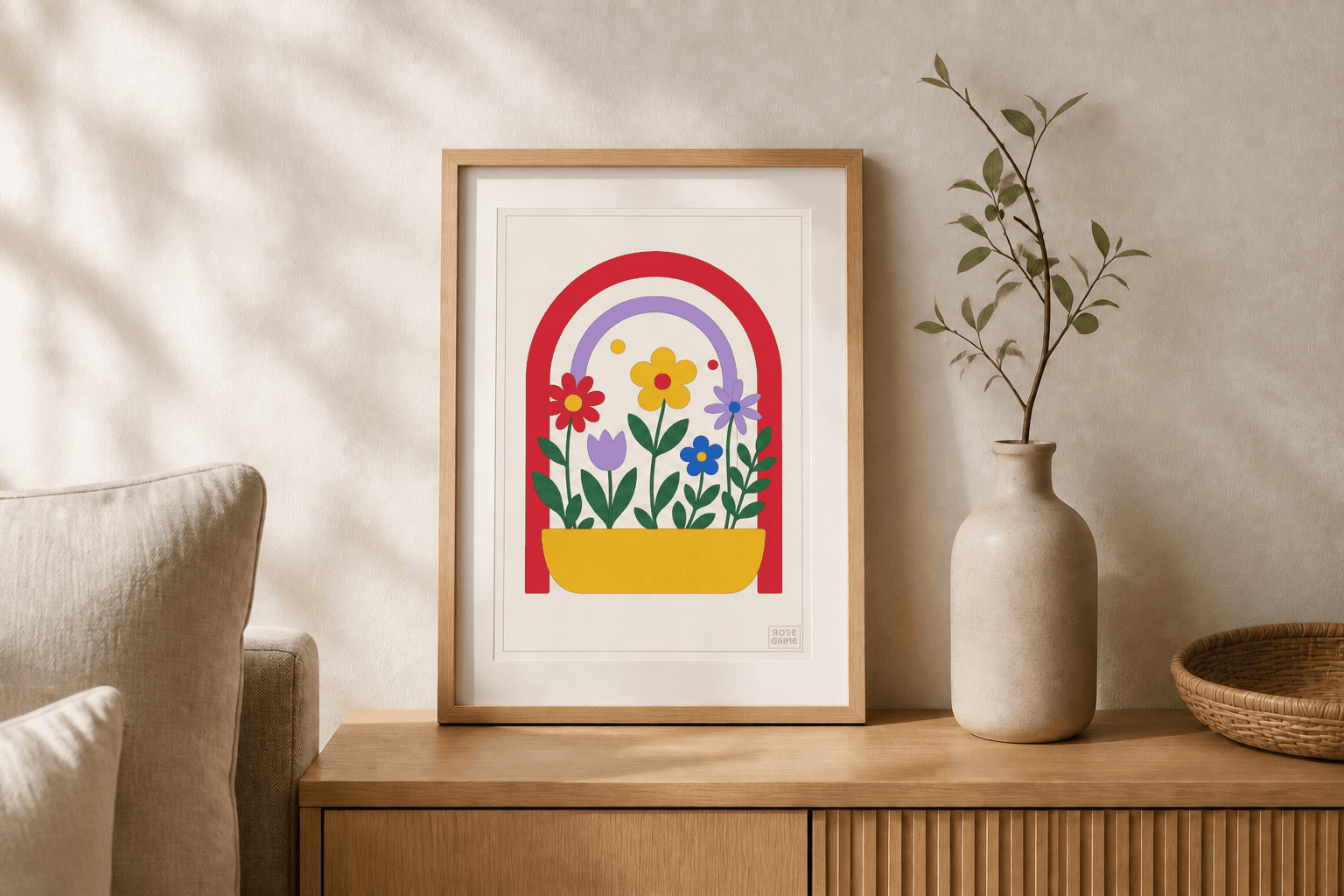 Diseño floral con la paleta Campo de tulipanes enmarcado en una casa de estilo japandi
