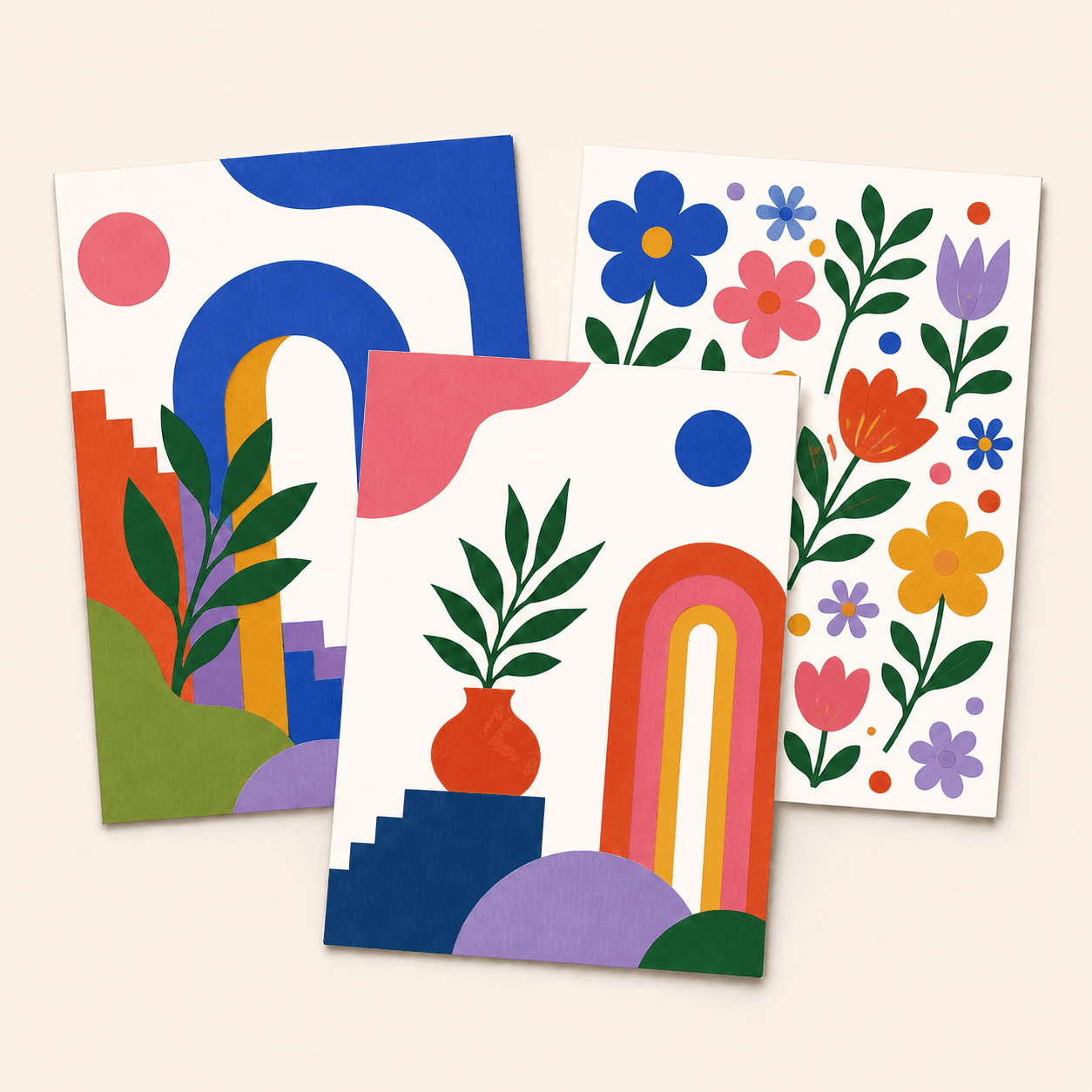 Collage de láminas japandi con flores, arcos, plantas y formas geométricas multicolor